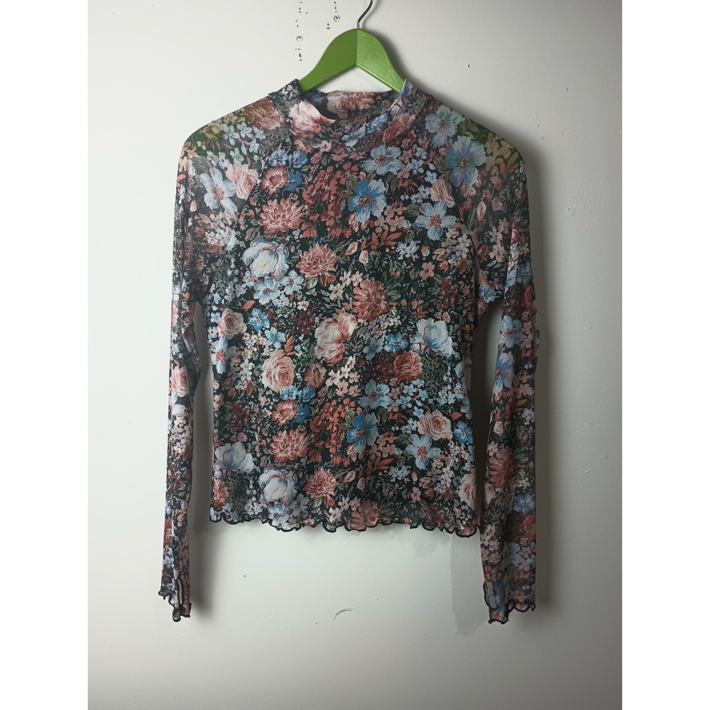 Dealmore Floral Mesh Mock Neck‎ Long Sleeve Top with Lettuce Edge Trim Medium